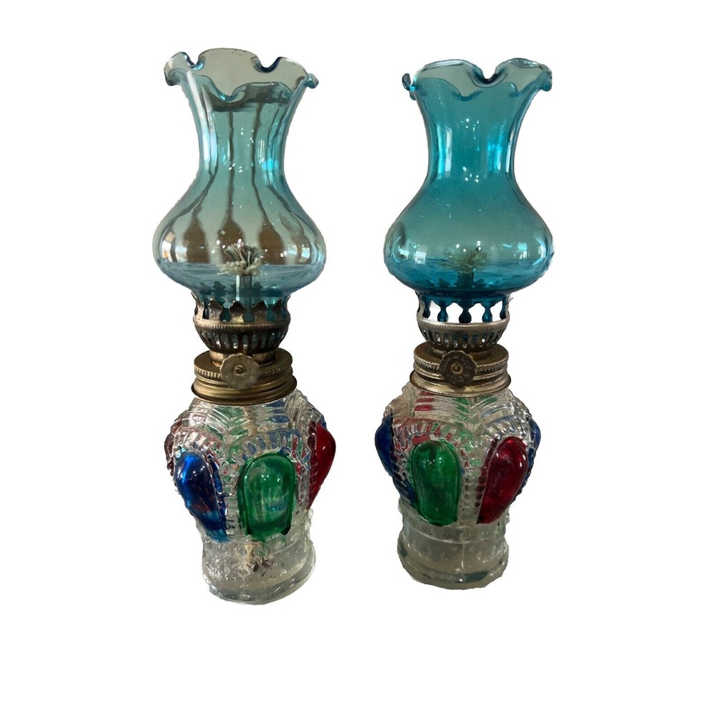 Vintage 1950's Multicolor Kerosene Lamps. Set Of 2‎ 8" Made In Hong Kong